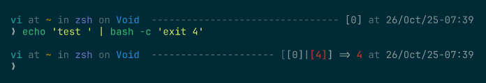 Running echo 'test ' | bash -c 'exit 4'; the next prompt shows &ldquo;[[0]|[4]] => 4&rdquo;, one status per stage of the pipe